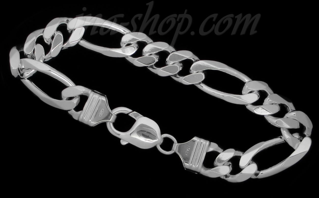 Sterling Silver 7.5" Figaro Chain Bracelet 10.5mm - Click Image to Close