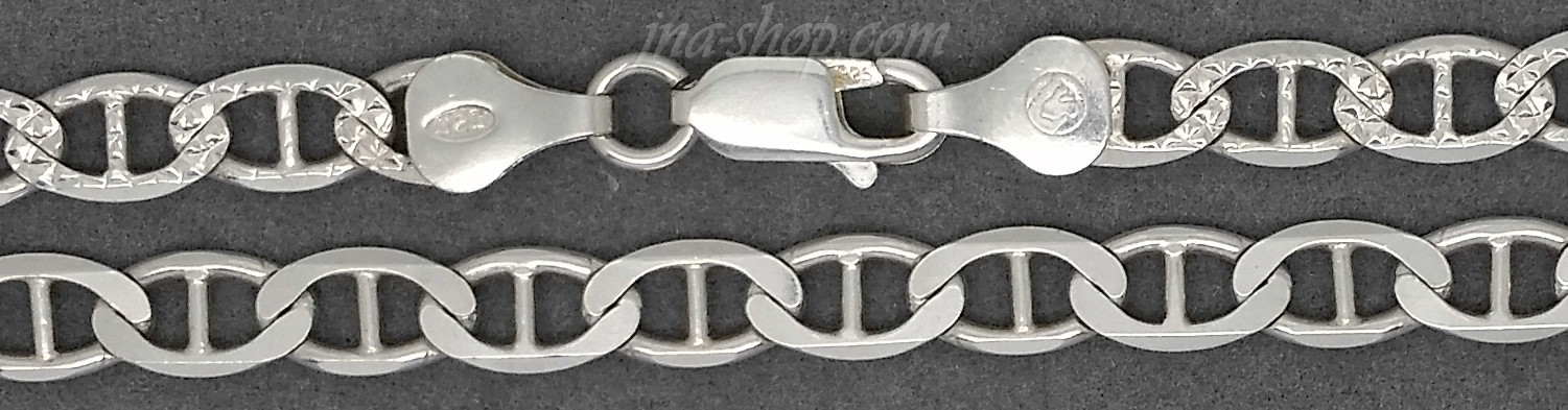 16" Sterling Silver Marina Mariner Chain 5.4mm Diamond-cut One Side Plain Other - Click Image to Close