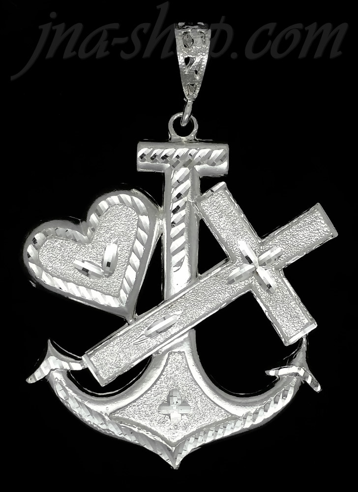Sterling Silver DC Big Anchor Cross w/Heart Charm Pendant - Click Image to Close