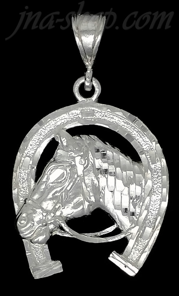 Sterling Silver Diamond-cut Horse Head Horseshoe Pendant - Click Image to Close