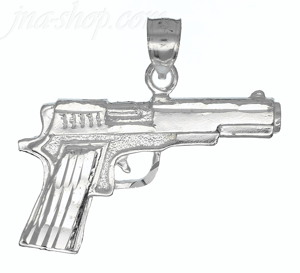 Sterling Silver Diamond-Cut Pistol Handgun Charm Pendant - Click Image to Close