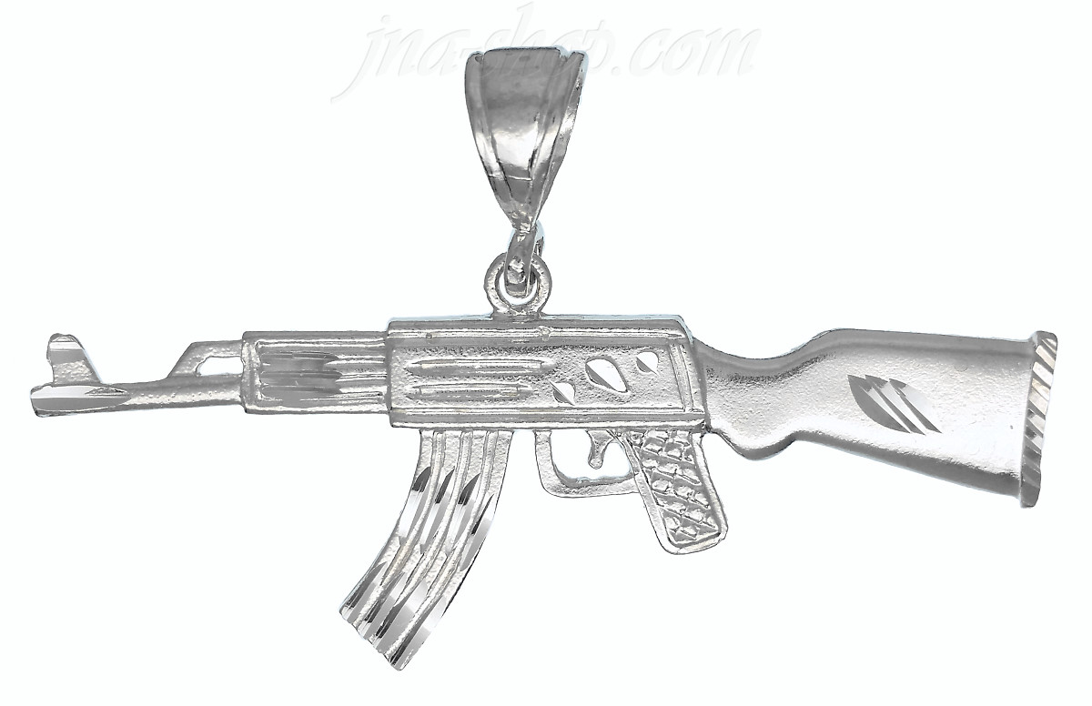 Sterling Silver Diamond-Cut AK-47 Assault Rifle Charm Pendant - Click Image to Close