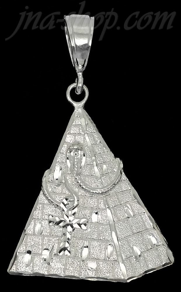 Sterling Silver Diamond-Cut Large Egyptian Pyramid w/Cobra & Ankh Charm Pendant - Click Image to Close