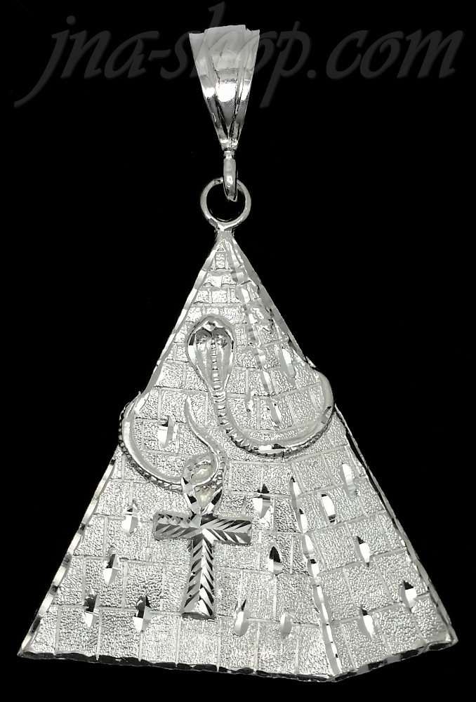 Sterling Silver Diamond-Cut Very Large Egyptian Pyramid w/Cobra & Ankh Pendant - Click Image to Close