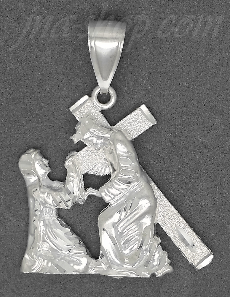 Sterling Silver DC Jesus Christ Carrying Cross Tending to Woman - Click Image to Close