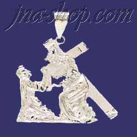 Sterling Silver DC Jesus Christ Carrying Cross Tending to Woman - Click Image to Close