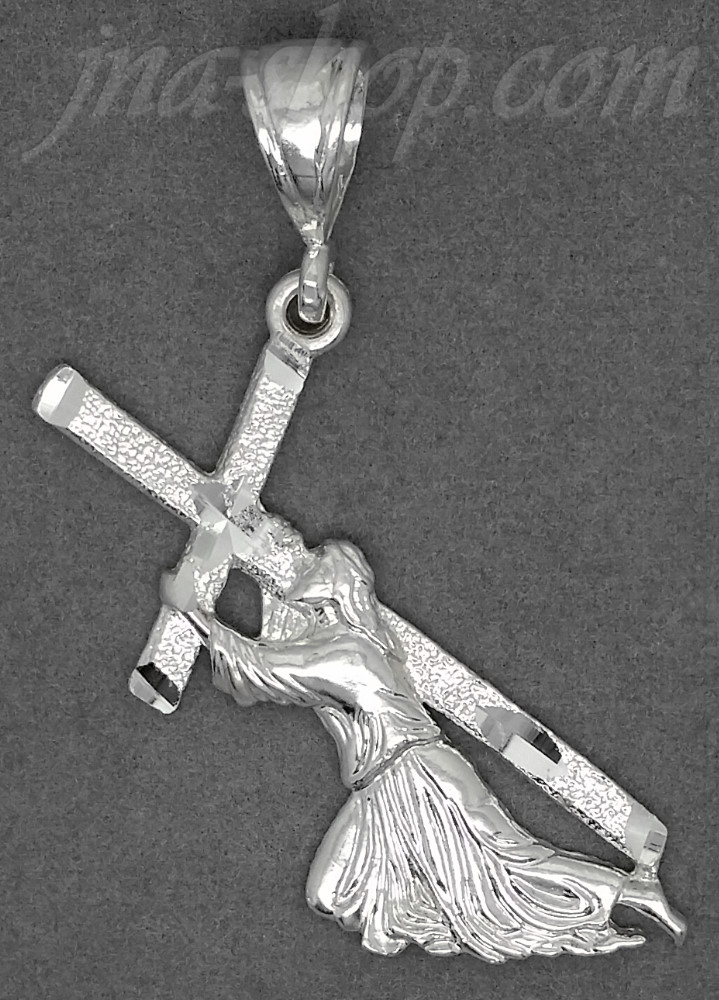 Sterling Silver Diamond-cut Jesus Christ Carrying Cross Charm Pendant - Click Image to Close