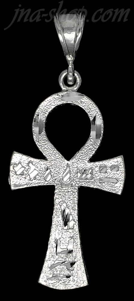 Sterling Silver Diamond-Cut Ankh Ansate Cross w/Egyptian Hieroglyphs Pendant - Click Image to Close