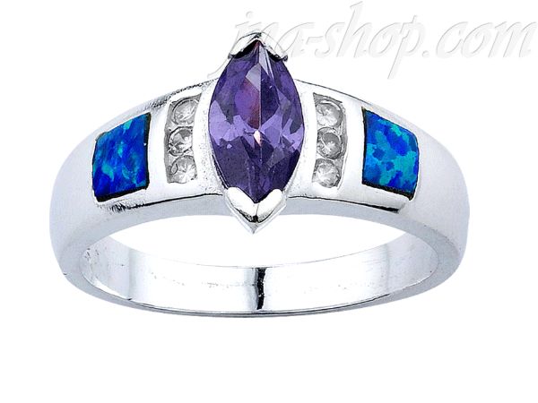 Sterling Silver Opal Inlay Ring Marquise-Cut Amethyst CZ & Clear CZ Accents Sz 9 - Click Image to Close