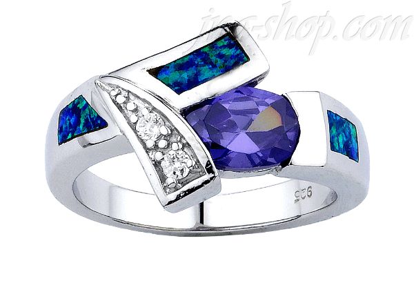 Sterling Silver Opal Inlay Ring w/Oval-Cut Amethyst CZ & Clear CZ Accents Sz 8 - Click Image to Close