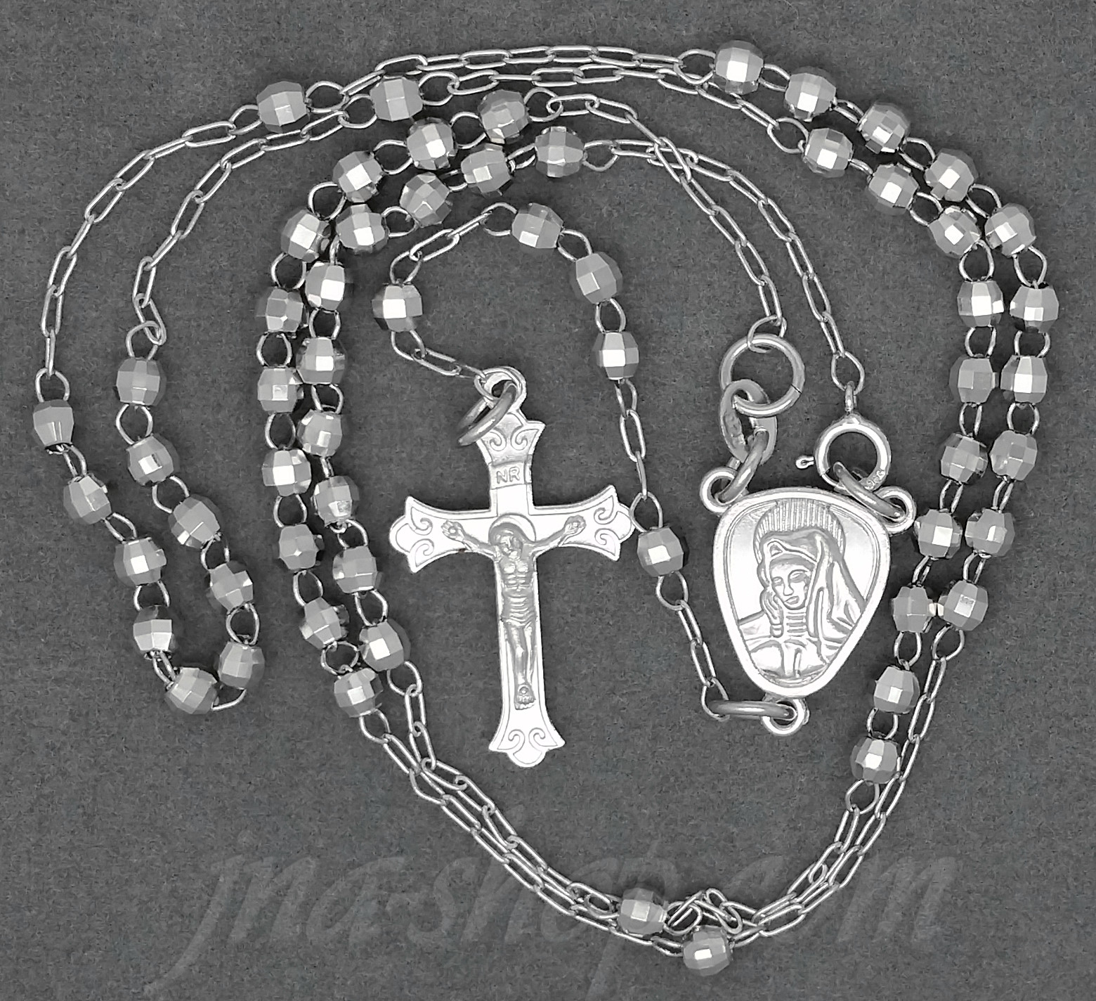 Sterling Silver 20" Crucifix & Virgin Mary Rosary 3mm Faceted Be - Click Image to Close