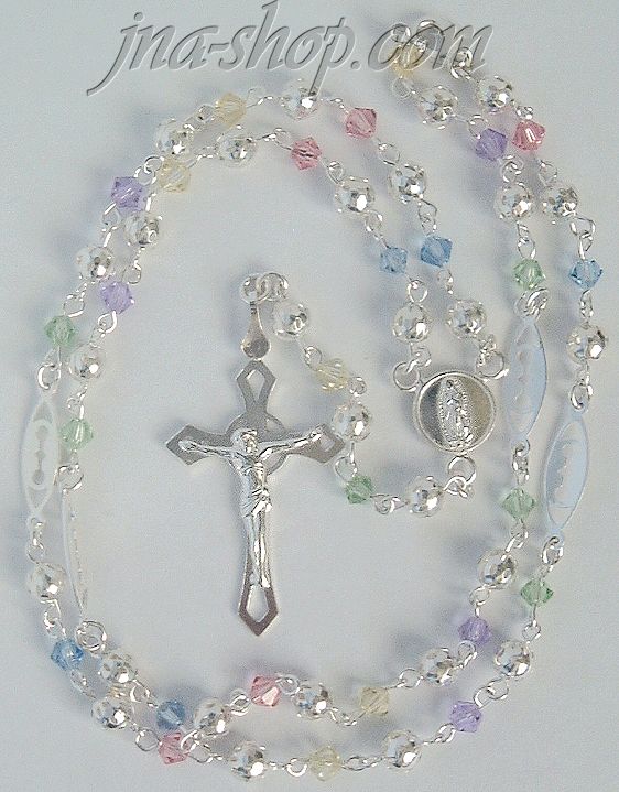 Sterling Silver 22" Crucifix & Virgin Mary Multi-colored CZ Rosa - Click Image to Close