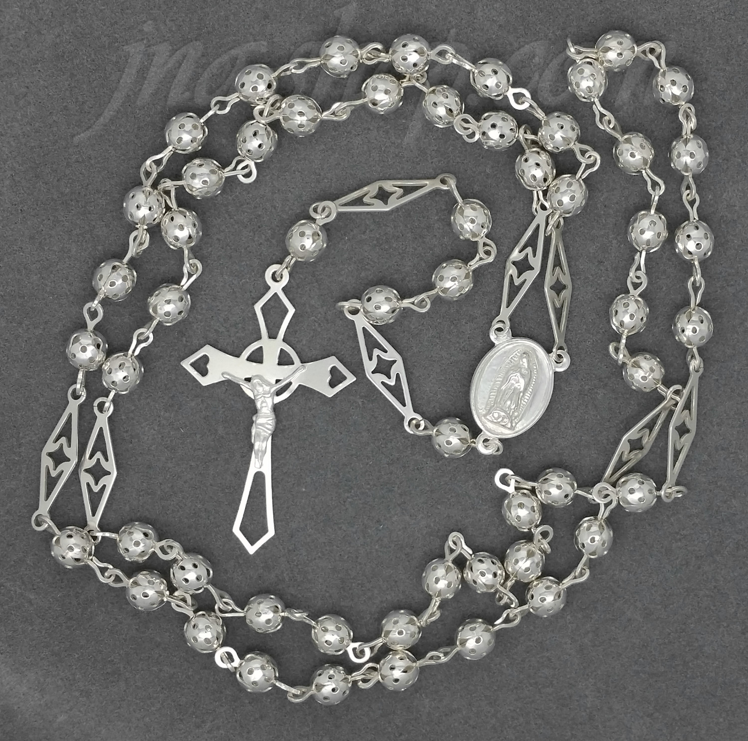 Sterling Silver 25" Crucifix & Virgin Mary 5mm Beads - Click Image to Close