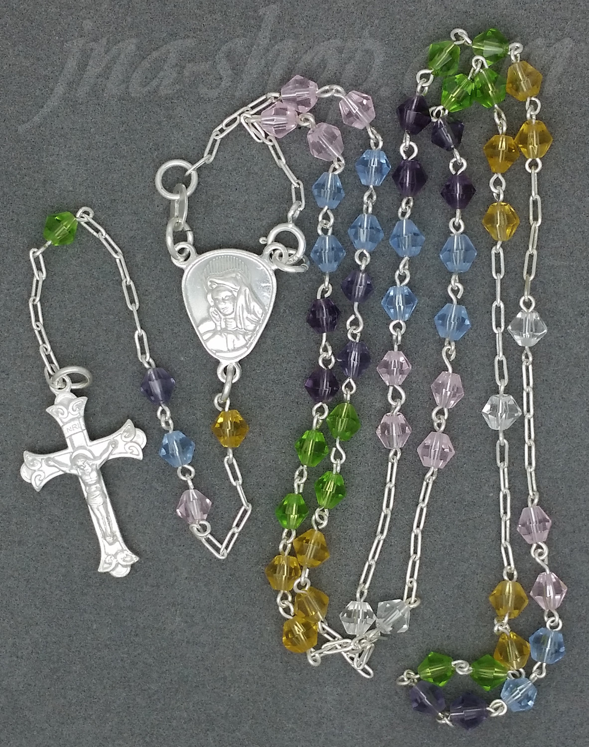 Sterling Silver 23" Crucifix & Virgin Mary Multi-colored Crystals Rosary - Click Image to Close