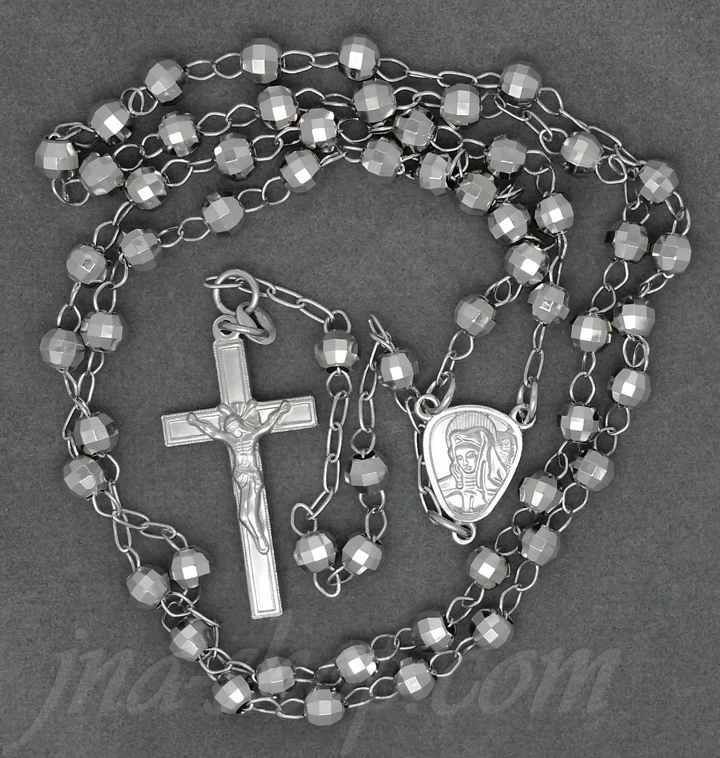 Sterling Silver 30" Crucifix & Virgin Mary Rosary 5mm Faceted Beads - Click Image to Close