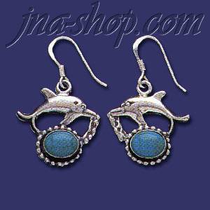 Sterling Silver Dolphins Genuine American Indian Turquoise Earri - Click Image to Close