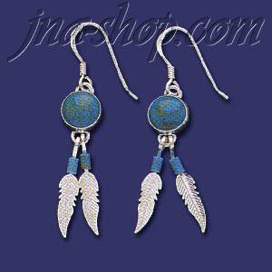 Sterling Silver Feathers Genuine American Indian Turquoise Earri - Click Image to Close