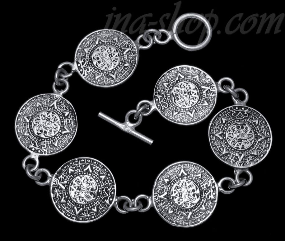 Sterling Silver 8" Aztec Sun Calendar Toggle Bracelet 18.5mm - Click Image to Close