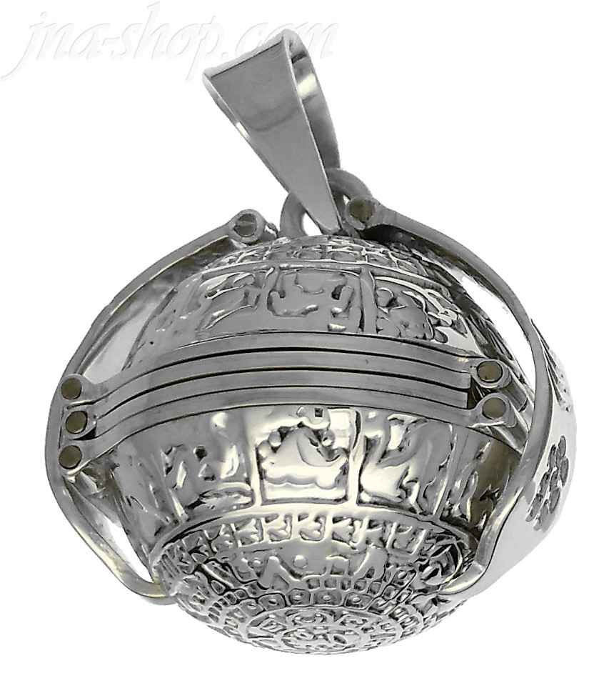 Sterling Silver Aztec Sun Calendar 6-Picture Photo Ball Locket Pendant - Click Image to Close