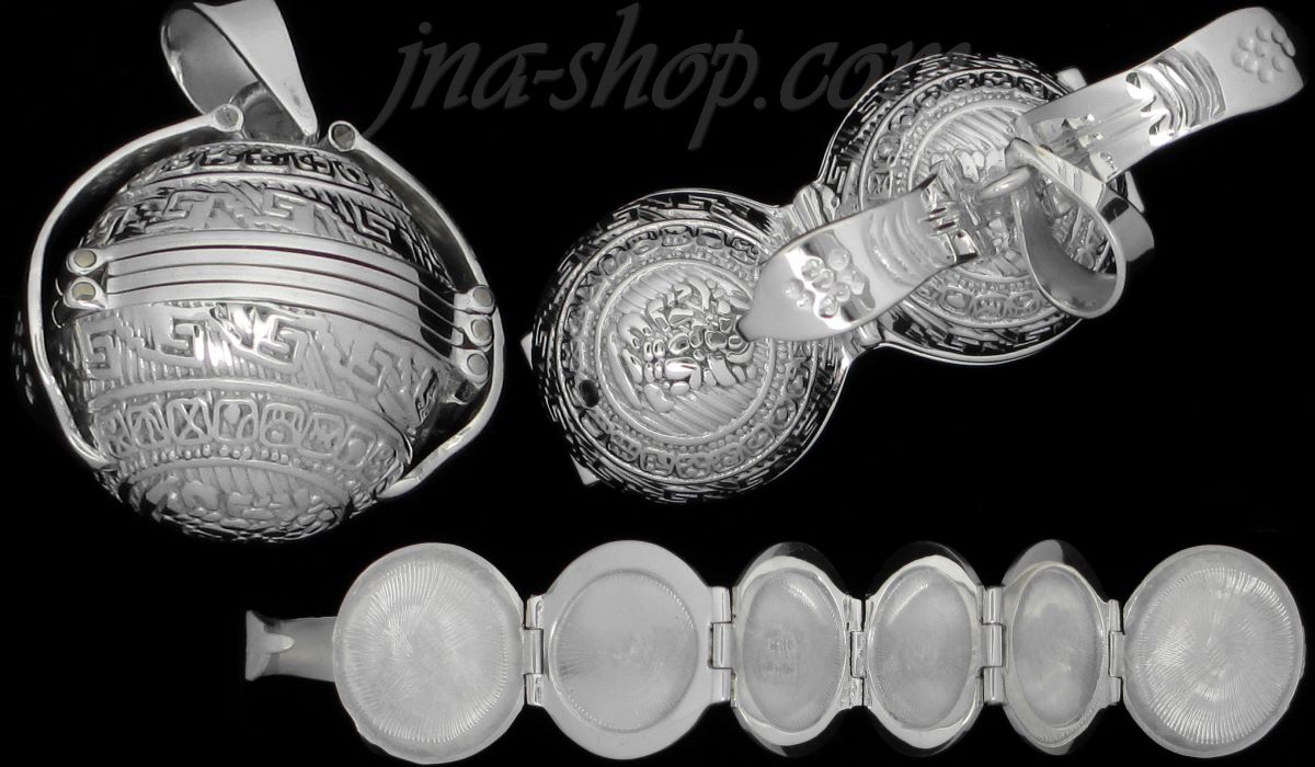 Sterling Silver Aztec Design 6-Picture Photo Ball Locket Pendant - Click Image to Close