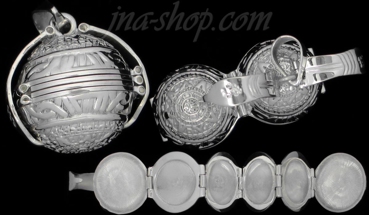Sterling Silver Aztec Sun Calendar 6-Picture Photo Ball Locket Pendant - Click Image to Close
