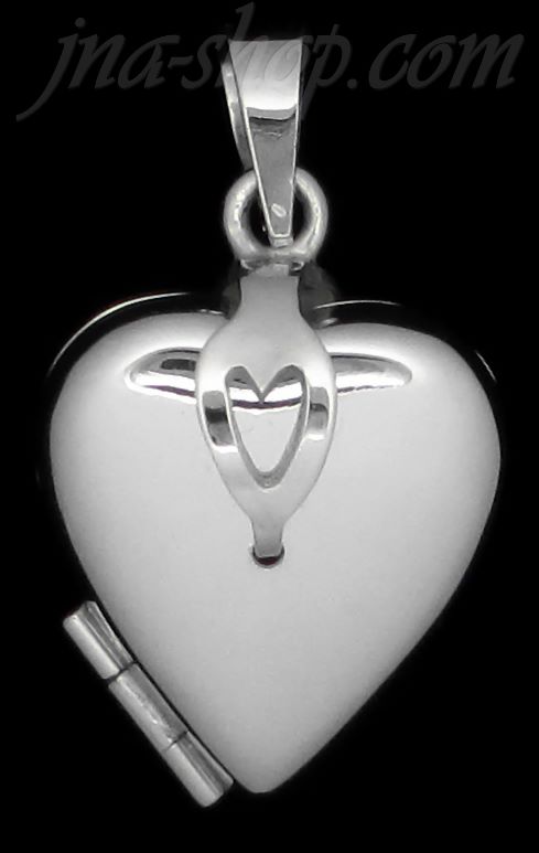 Sterling Silver 2-Pictures Flat Heart Locket Pendant w/Open Heart Clasp - Click Image to Close