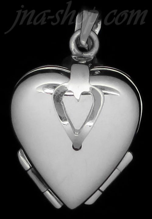 Sterling Silver 4-Pictures Flat Heart Locket Pendant w/Open Heart Clasp - Click Image to Close