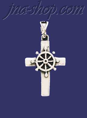 Sterling Silver Cross w/Helm Ship's Wheel Charm Pendant - Click Image to Close