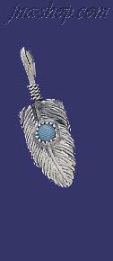 Sterling Silver Feather Genuine American Indian Turquoise Charm - Click Image to Close