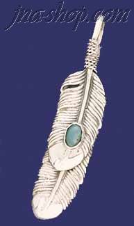 Sterling Silver Feather Genuine American Indian Turquoise Charm - Click Image to Close