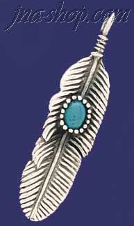 Sterling Silver Feather Genuine American Indian Turquoise Charm - Click Image to Close