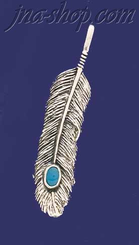 Sterling Silver Feather Genuine American Indian Turquoise Charm - Click Image to Close