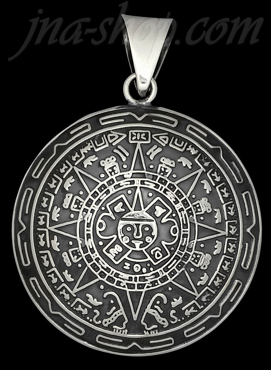 Sterling Silver Large Puffed Aztec Sun Calendar Pendant 37mm - Click Image to Close