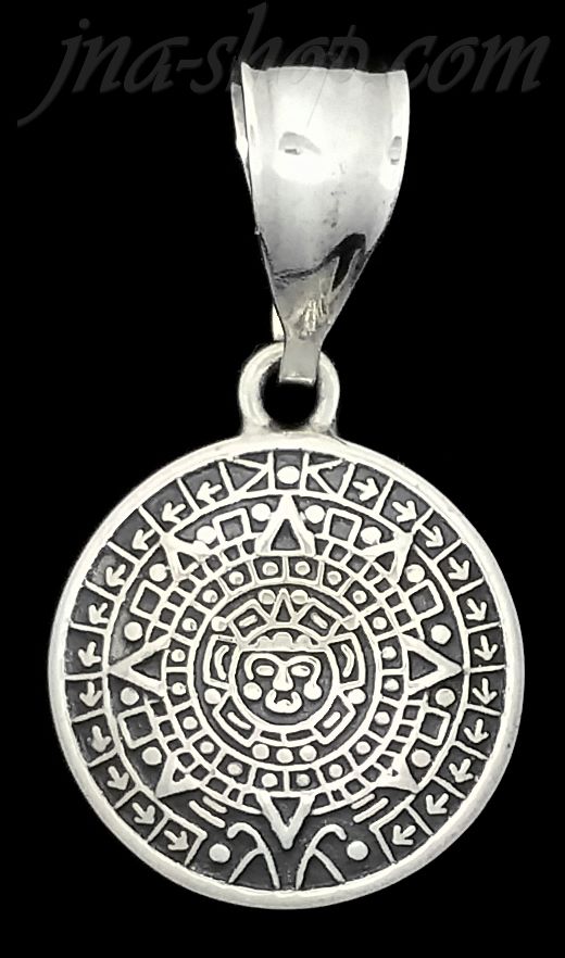Sterling Silver Domed Aztec Sun Calendar Pendant 19mm - Click Image to Close