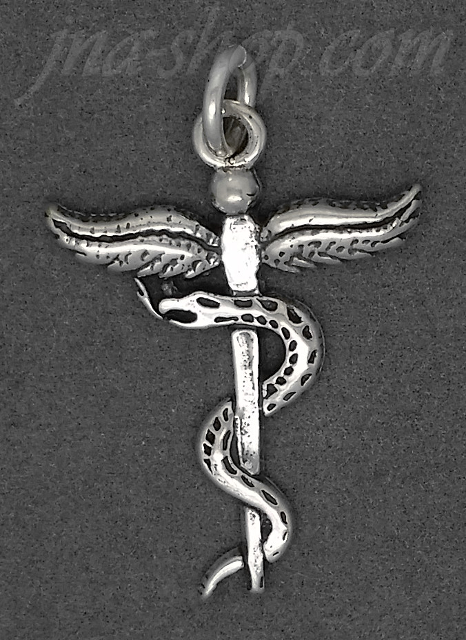 Sterling Silver Rod of Asclepius Caduceus Serpent Staff Medical Profession Charm - Click Image to Close
