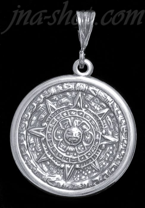 Sterling Silver Aztec Sun Calendar Pendant 37mm - Click Image to Close