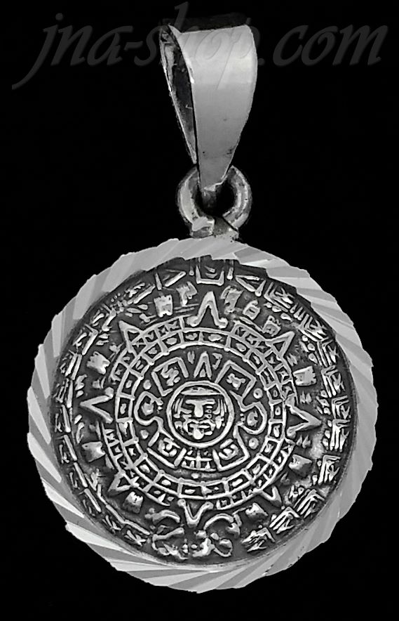 Sterling Silver Aztec Sun Calendar Pendant Diamond-cut Border 21.5mm - Click Image to Close
