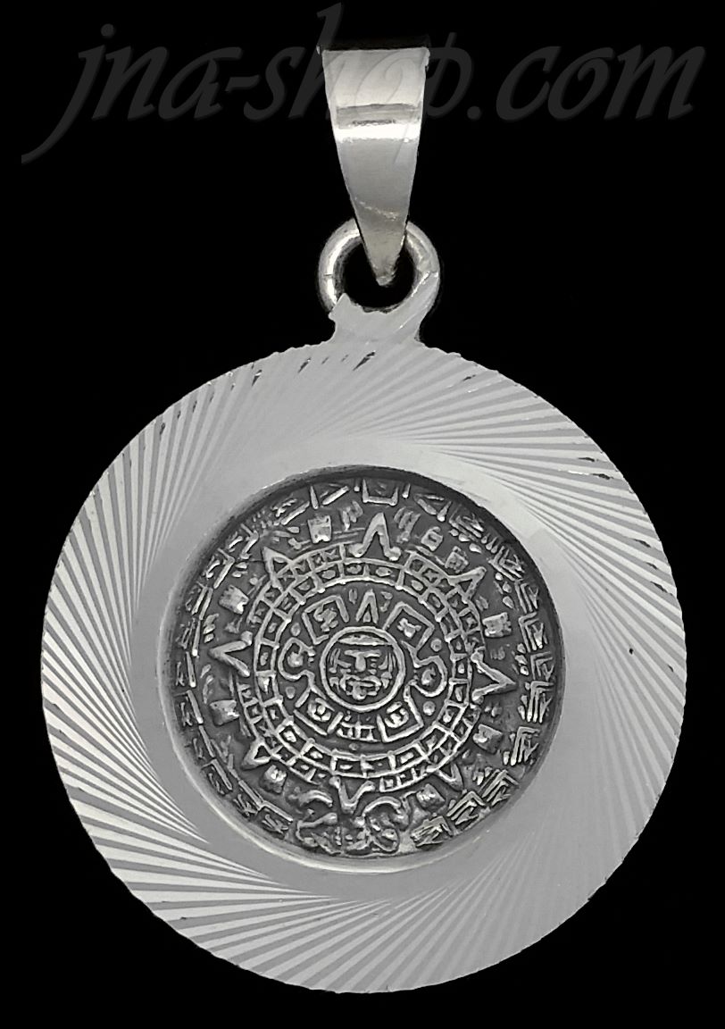 Sterling Silver Aztec Sun Calendar Pendant w/Swirling Diamond-cut Border 31mm - Click Image to Close