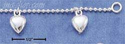 Sterling Silver 7" FINE BEAD CHAIN W/ DANGLING HEART CHARMS BRAC - Click Image to Close