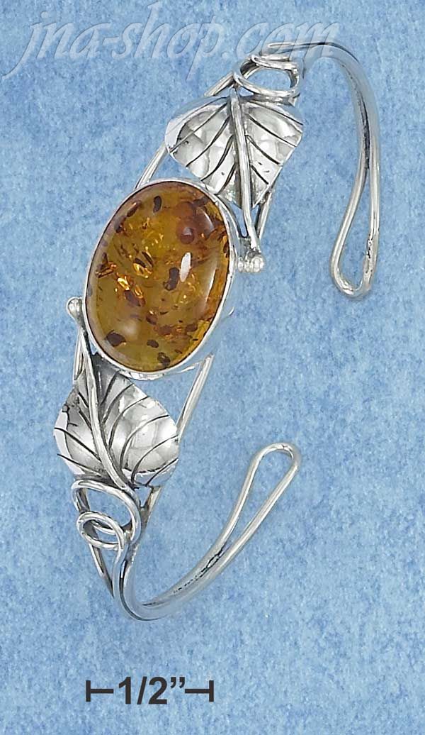 Sterling Silver LARGE OVAL HONEY AMBER WIRE CUFF BRACELET HEART - Click Image to Close