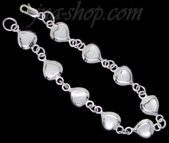 Sterling Silver 7" FLATBACK MOTHER OF PEARL HEART LINK BRACELET - Click Image to Close