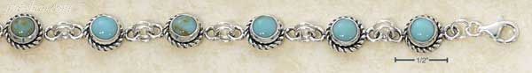 Sterling Silver 7" ROUND GENUINE TURQUOISE LINK BRACELET W/ ROPE - Click Image to Close