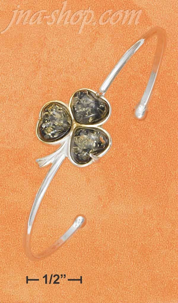 Sterling Silver GREEN AMBER SHAMROCK CUFF BRACELET - Click Image to Close
