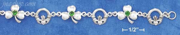 Sterling Silver 7" ALTERNATING CLADDAGH & SHAMROCK WITH GREEN GL - Click Image to Close