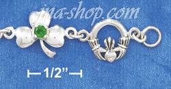 Sterling Silver 7" ALTERNATING CLADDAGH & SHAMROCK WITH GREEN GL - Click Image to Close