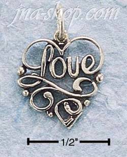 Sterling Silver SCROLLED "LOVE" W/ IN OPEN HEART CHARM - Click Image to Close