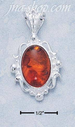 Sterling Silver OVAL CABOCHON GENUINE AMBER PENDANT W/ FANCY SCR - Click Image to Close