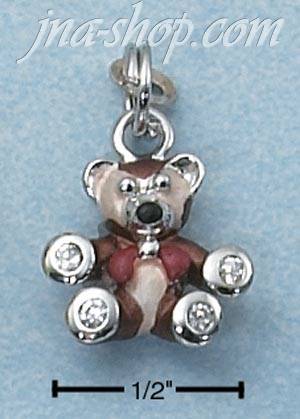 Sterling Silver ENAMEL 3D LITTLE BROWN BEAR W/ CLEAR CZ PAWS CHA - Click Image to Close