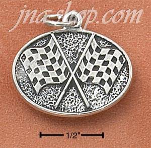 Sterling Silver ANTIQUED OVAL CHECKERED FLAGS CHARM - Click Image to Close