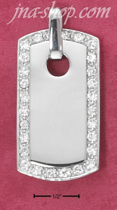 Sterling Silver LARGE HIGH POLISH DOG TAG PENDANT WITH CZ BORDER - Click Image to Close